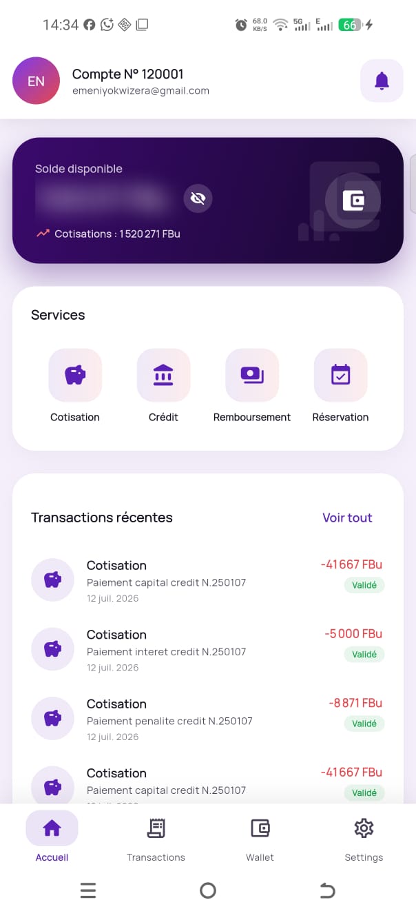 Écran d'accueil de l'application VECOBU Mobile